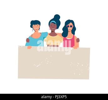 Diverse woman group holding blank banner for special event text. Happy young girl friends with empty sign template at womens rights protest, charity b Stock Vector