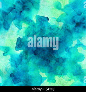 An abstract seamless background pattern in teal and blue, with abstract brushstrokes and splashes. A watercolour repeat print Stock Photo