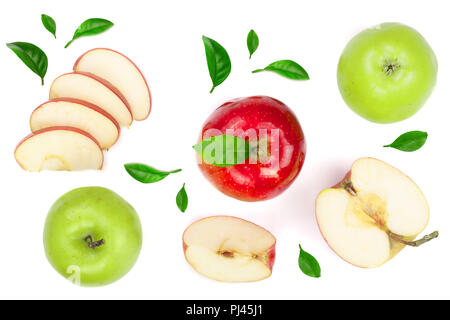 red and green apples with slices and leaves isolated on white background top view. Set or collection. Flat lay pattern Stock Photo