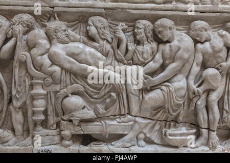 Sarcophagus with scene from Iliad (2nd century), Roman sculpture, Archaeological museum, Ostia Antica, Lazio, Italy Stock Photo
