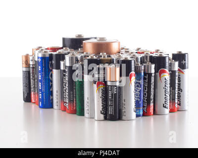 Un eco-friendly alkaline batteries closeup. Old and dusty. Toxic household waste. Stock Photo