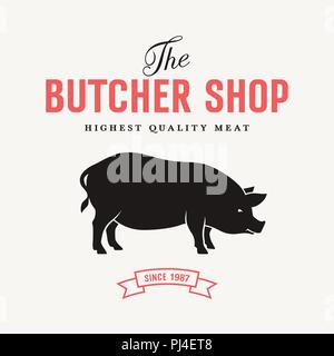 Vintage vector illustration with silhouette of pig for butcher shop and Farm Market Stock Vector