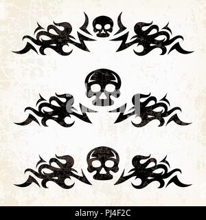 Design elements with abstract fire flames and skulls on grunge background Stock Vector