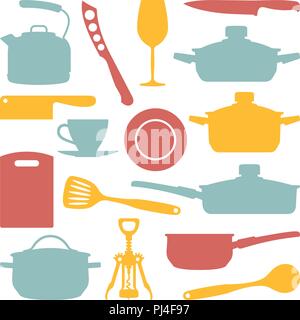 Kitchen utensils vector silhouettes in three colors Stock Vector