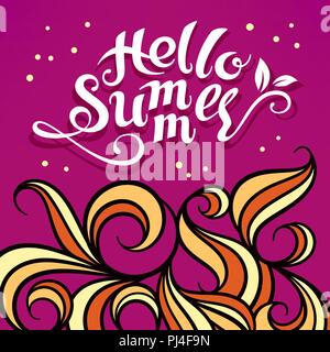 Handmade calligraphic typography lettering Hello Summer. Abstract vector background. Floral pattern Stock Vector