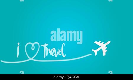 Love Travel Concept Illustration A Airplane flying in the dark blue sky leaving behind a love shaped smoke trail. And Text I love travel. Stock Vector