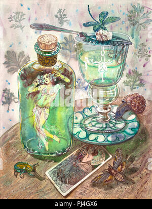 Absinth fairy. Beautiful girl in a belly dance costume, green absinthe bottle, glass, insects, dragonfly, snail, beetle, death's head hawkmoth, art nouveau picture. Fantasy gothic vintage illustration Stock Photo