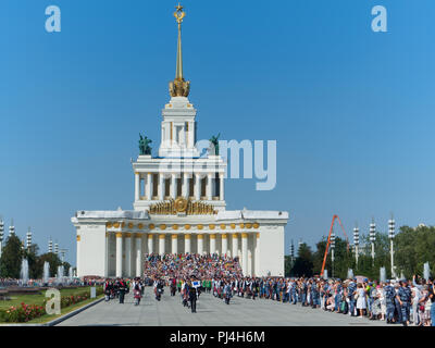 MOSCOW, RUSSIA - AUGUST 25, 2018: Festive procession of the Spasskaya Tower International Military Music Festival participants at VDNKH. Stock Photo