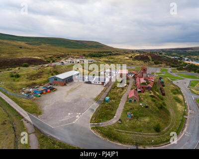 An aerial view of an Old Coal Mine Pit Yard on overcast Day, Blaenavon, Wales Stock Photo