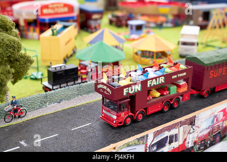 Old fashioned model fun fair lorry on a stall at a vintage retro festival. UK Stock Photo