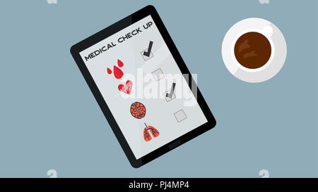 Digital Medical Check Up Concept. Digital Health care Concept on a Tablet with Coffee. Stock Vector