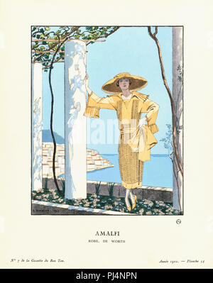 Amalfi.  Amalfi, Campania, Italy. Robe de Worth.  Dress by Worth.  Art-deco fashion illustration by French artist George Barbier, 1882-1932.  The work was created for the Gazette du Bon Ton, a Parisian fashion magazine published between 1912-1915 and 1919-1925. Stock Photo