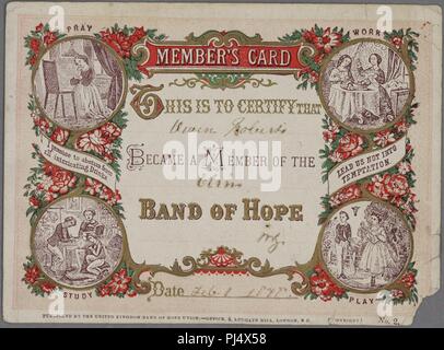 Band of Hope Member's Card 1870. Stock Photo