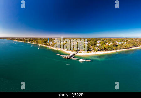 Aerial view of Bongaree Jetty on Bribie Island, Sunshine Coast, Queensland, Australia Stock Photo