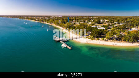 Aerial view of Bongaree Jetty on Bribie Island, Sunshine Coast, Queensland, Australia Stock Photo