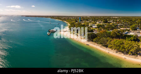 Aerial view of Bongaree Jetty on Bribie Island, Sunshine Coast, Queensland, Australia Stock Photo