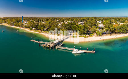 Aerial view of Bongaree Jetty on Bribie Island, Sunshine Coast, Queensland, Australia Stock Photo