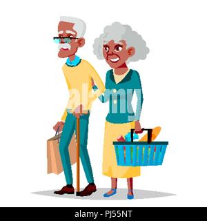 Elderly Couple Vector. Grandpa With Grandmother. Black, Afro American. Lifestyle. Couple Of Elderly People. Isolated Flat Cartoon Illustration Stock Vector