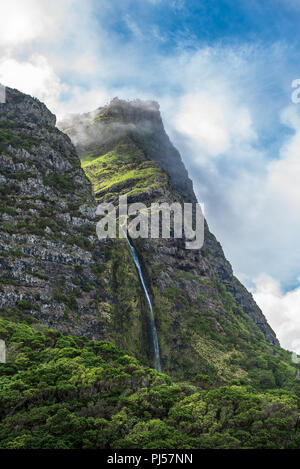 Cascata do Poço do Bacalhau, a waterfall on the Azores island of Flores, Portugal. Stock Photo