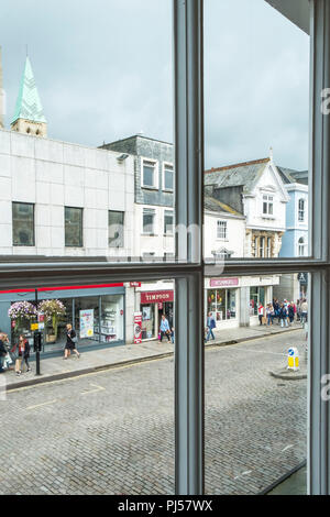 Boscawen Street seen through a window Truro Cornwall.