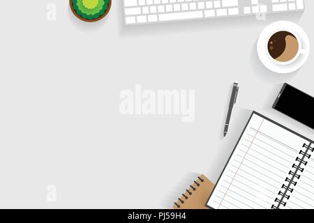 Top view of table working, working desk with gadget and free space for text and accessory on table, laptop, keyboard, book, note, coffee cup, gadget Stock Vector