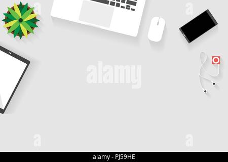 Top view of table working, working desk with gadget and free space for text and accessory on table, laptop, keyboard, book, note, coffee cup, gadget Stock Vector