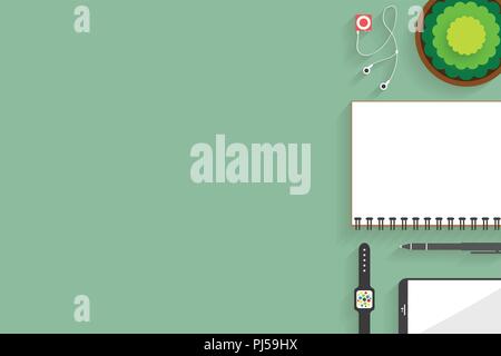 Top view of table working, working desk with gadget and free space for text and accessory on table, laptop, keyboard, book, note, coffee cup, gadget Stock Vector