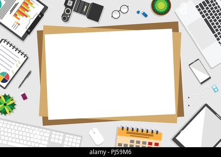 Top view of table working, working desk with gadget and free space for text and accessory on table, laptop, keyboard, book, note, coffee cup, gadget Stock Vector