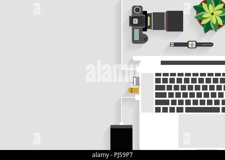 Top view of table working, working desk with gadget and free space for text and accessory on table, laptop, keyboard, book, note, coffee cup, gadget Stock Vector