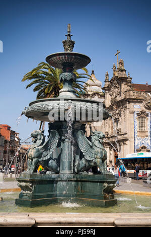 Portugal, Porto, Praça de Carlos Alberto, Fonte dos Leões, 19th-century French made fountain of the lions Stock Photo