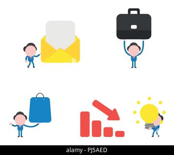 Vector illustration set of businessman mascot character holding envelope with blank paper, briefcase, shopping bag and idea light bulb to sales bar ch Stock Vector