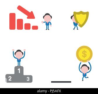 Vector illustration set of businessman mascot character with sales bar graph moving down,  walking and holding guard shield, on first place of winners Stock Vector