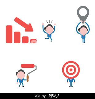 Vector illustration set of businessman mascot character running away from sales bar moving down, holding up map pointer, holding and walking paint rol Stock Vector
