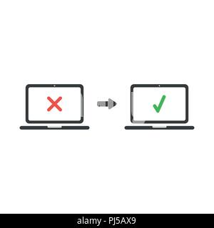 Vector illustration icon concept of laptop computer with x mark and check mark. Stock Vector