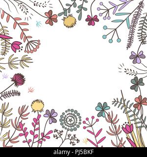 Hand drawn frame with doodle meadow herbs. Background for autumn sale announcement, cosmetic packaging, greeting cards, wedding banners design. Place  Stock Vector