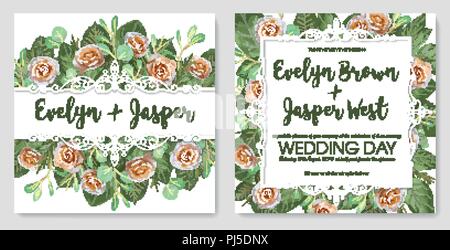 Set of vector illustrations of decorative vintage lace frames with cream roses and twigs and leaves of eucalyptus. For the wedding invitation, greetin Stock Vector