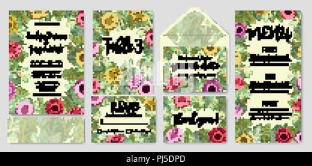 Beautiful vector wedding invitation set, envelope, table number, menu. Gerbera flowers, roses and eucalyptus leaves, wax flowers. Watercolor pattern Stock Vector