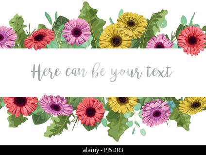 Beautiful floral banner frame with multi-colored gerbera and eucalyptus leaves isolated on white background Horizontal vector illustration Stock Vector