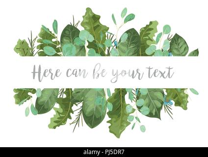 Vector leaf frame for wedding invitations, postcards, advertising, sales, labels. Green rose leaves, eucalyptus, gerbera and wax flowers isolated on w Stock Vector