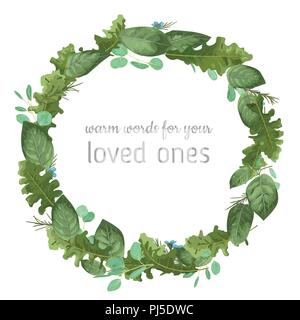 Beautiful round frame wreath watercolor vector from foliage. Green rose leaves, eucalyptus, gerbera with blue wax flowers isolated on white background Stock Vector
