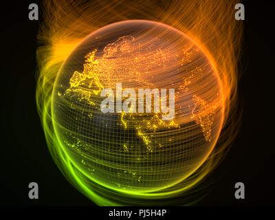 dark earth globe with glowing details and light rays. 3d illustration Stock Photo