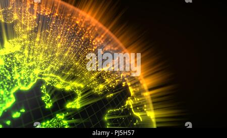 dark earth globe with glowing details and light rays. 3d illustration Stock Photo