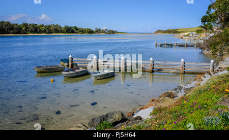 Minnamurra river view from river bank across moored boats to sea, with flowers on river bank, Illawarra coast, New South Wales, Australia Stock Photo