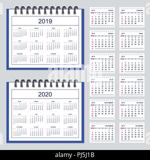 Set of business calendar for desk year 2019 with 12-month isolated pages and  full calendar year 2019, 2020. Spanish language. Week starts on Sunday.  Stock Vector