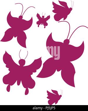 Vector illustration. Silhouettes of pink butterflies. Chaotic on a white background Stock Vector