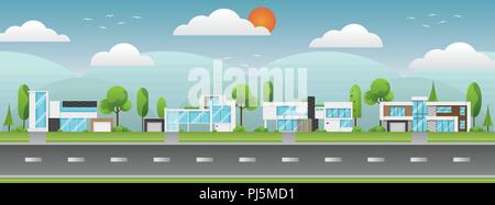 Landscape of modern houses with tree and clouds and along the roads, Modern building of home and architecture along the roads, Flat home vector illust Stock Vector