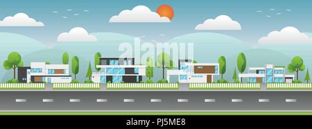 Landscape of modern houses with tree and clouds and along the roads, Modern building of home and architecture along the roads, Flat home vector illust Stock Vector