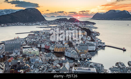 sunset over ålesund, norway from aksla viewpoint Stock Photo