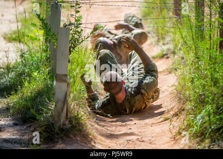 FORT BENNING, Ga (Aug. 31, 2018) – Trainees from Delta Company, 2nd Battalion, 19th Infantry Regiment, train on the Sand Hill Obstacle Course at Fort Benning, Georgia, August 28. The battalion is charged with training and transforming civilians into disciplined, adaptive and flexible Infantrymen, ready to accomplish the mission of the Infantry Corps. (U.S. Army photo by Patrick A. Albright, Maneuver Center of Excellence, Fort Benning Public Affairs) Stock Photo