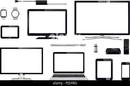 Set of realistic TV, computer monitor, laptops, tablet, mobile phone, smart watch, usb flash drive, GPS navigation system device, TV box receiver with remote controller and laptop charger adapter Stock Vector